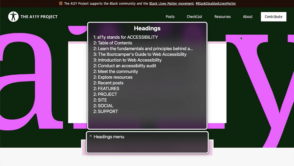 a11y.com screenshot showcasing heading levels picked up by Mac’s VoiceOver assistive technology.