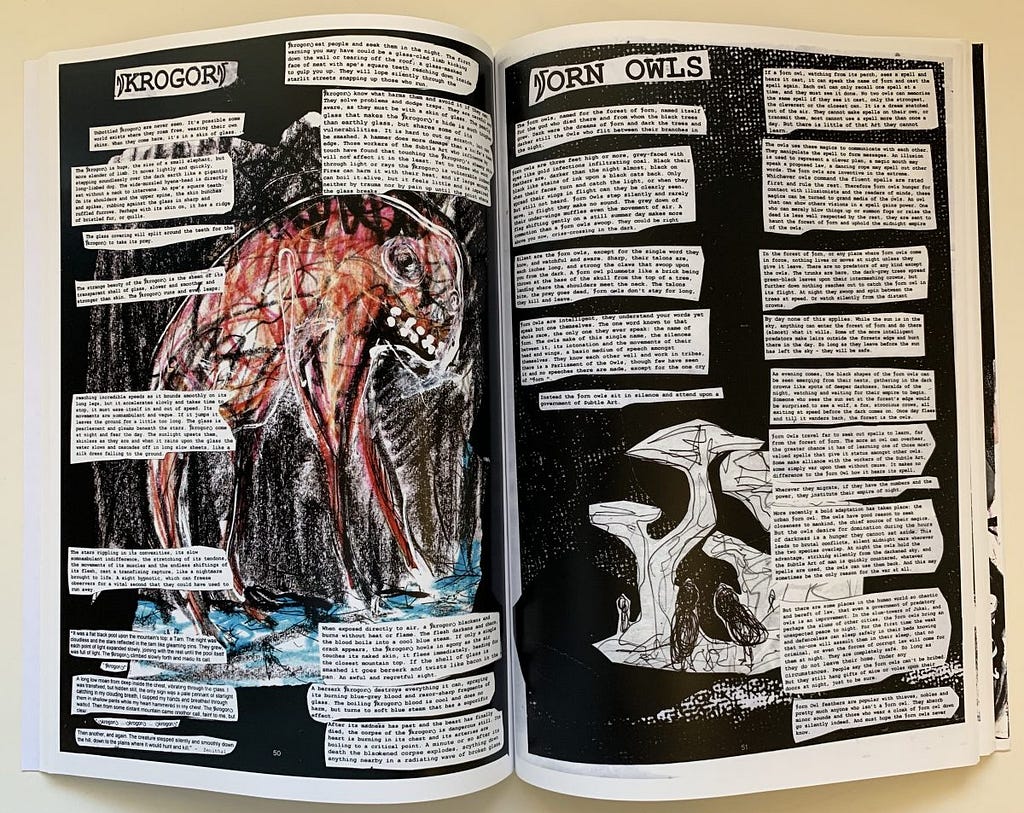 A spread from Fire on the Velvet Horizon showing the book’s collage design