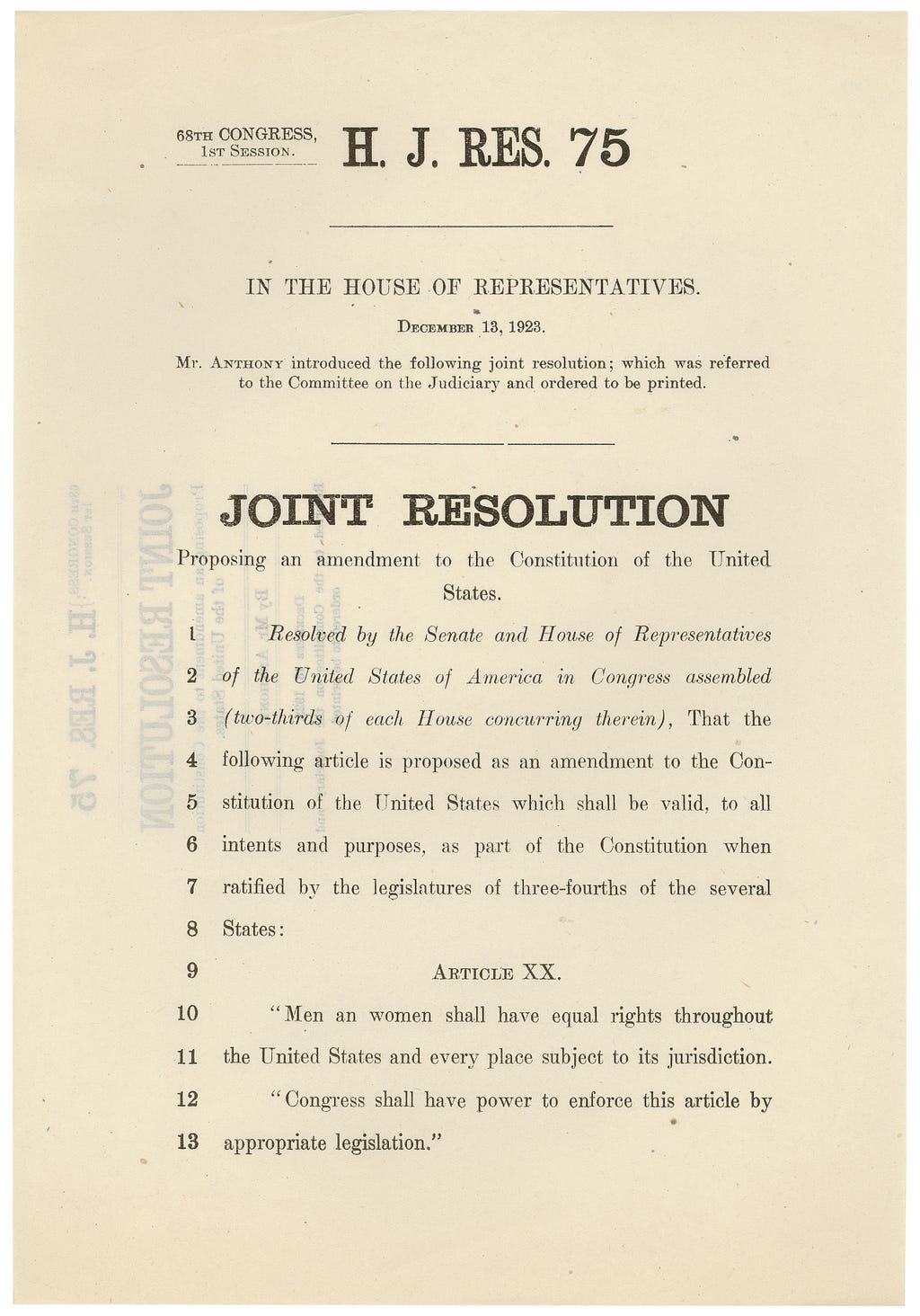 Text of House Joint Resolution 75, the first federal Equal Rights Amendment introduced in 1923.