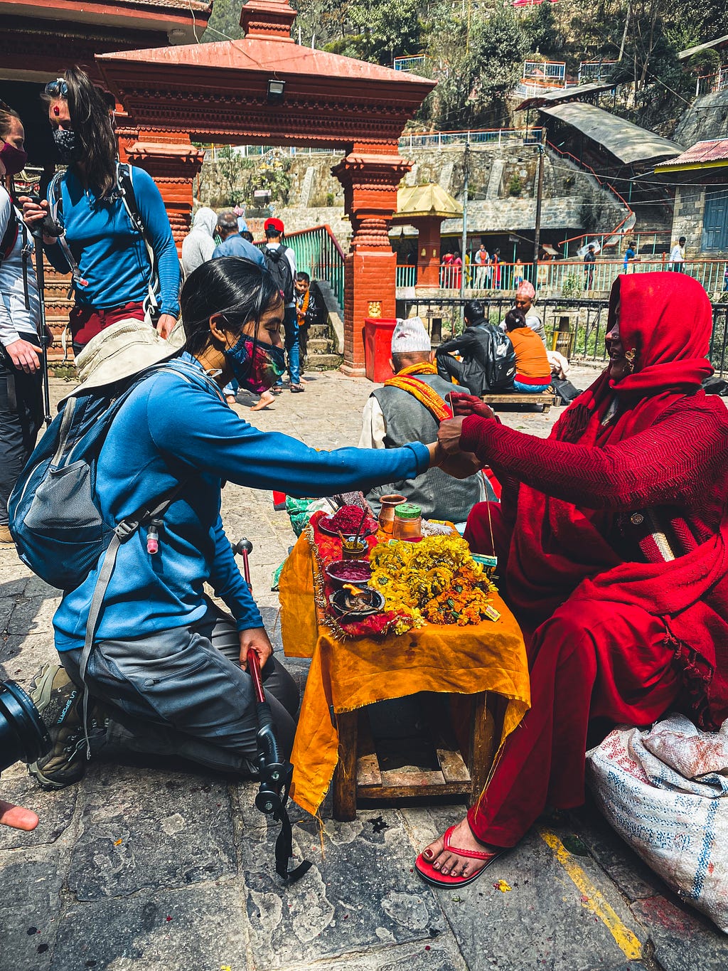 Muriel receiving the tika and doroo. Dakshinkali temple, Nepal. Photo by Autor.