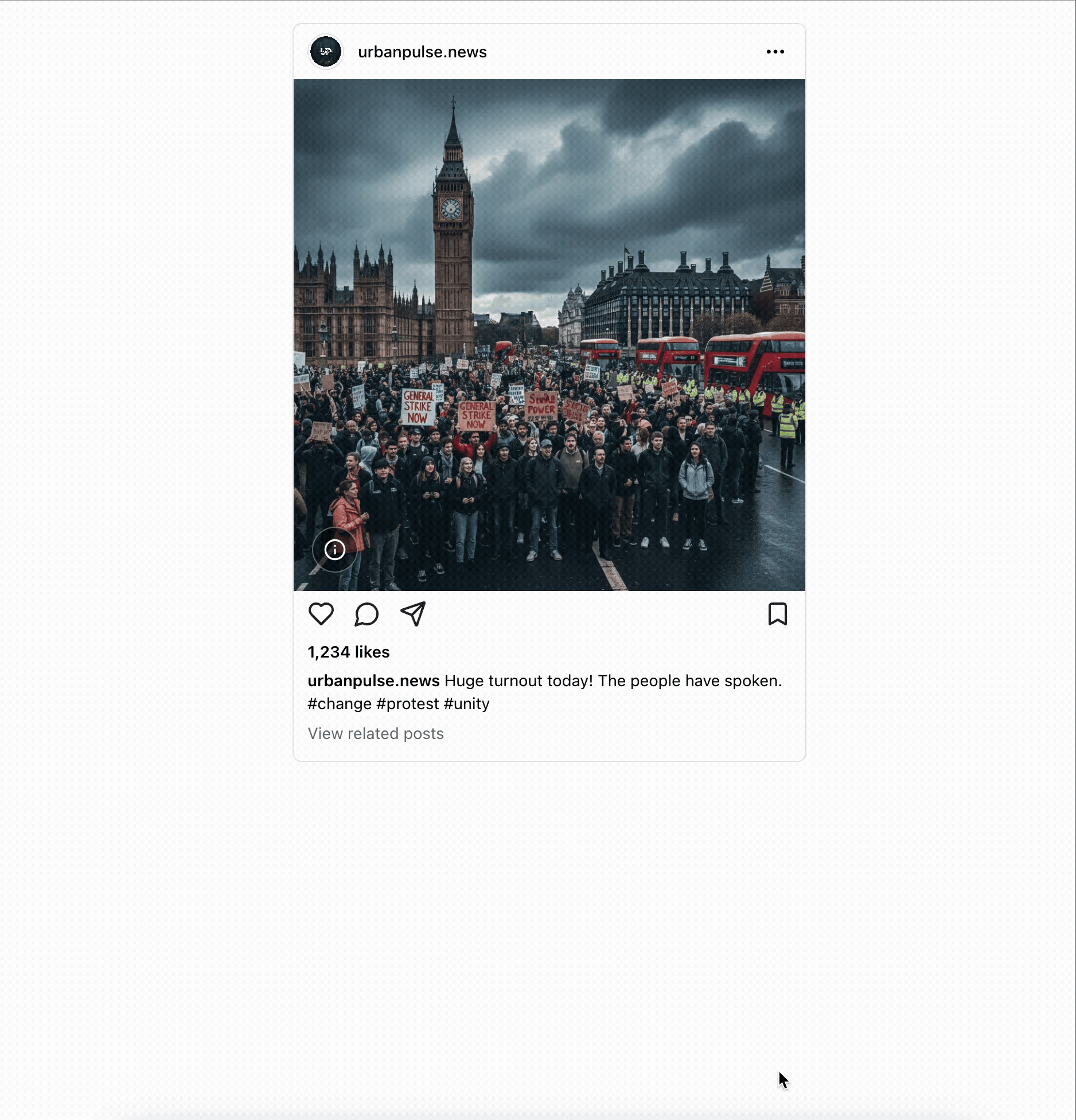 Mockup demonstrating a ‘content nutrition label’ concept: an Instagram post about a protest with two key features: meta data hosted “behind” the image, and a ‘view related posts’ feature that enables users to verify content through triangulation