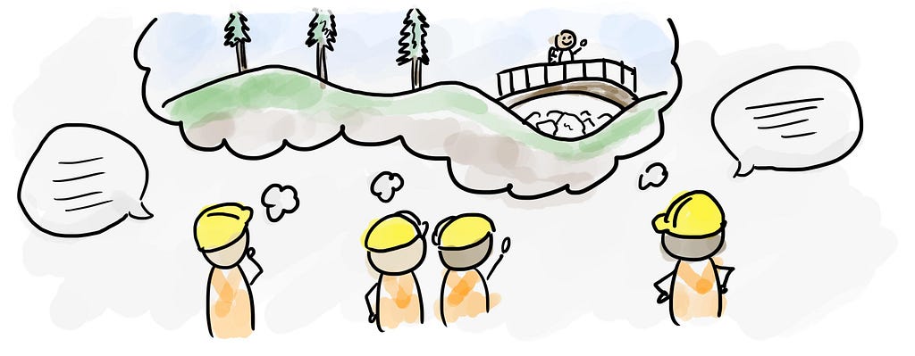 Um ilustração de 4 operários imaginando uma pessoa feliz aravessando uma ponte que eles construiram.