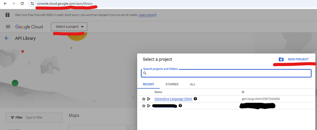 Google Console — Click “Select a Project” dropdown, and then select an existing project, or create a new project.