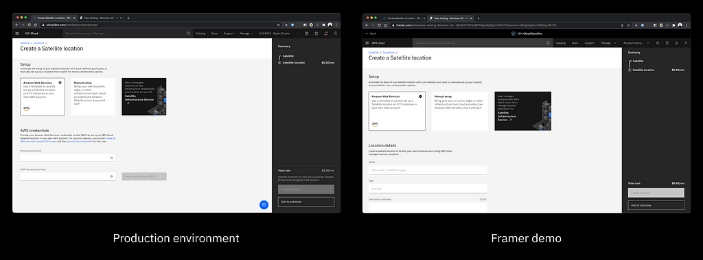 An image of a side by side screenshot of the IBM Cloud Satellite production environment and the Framer demo