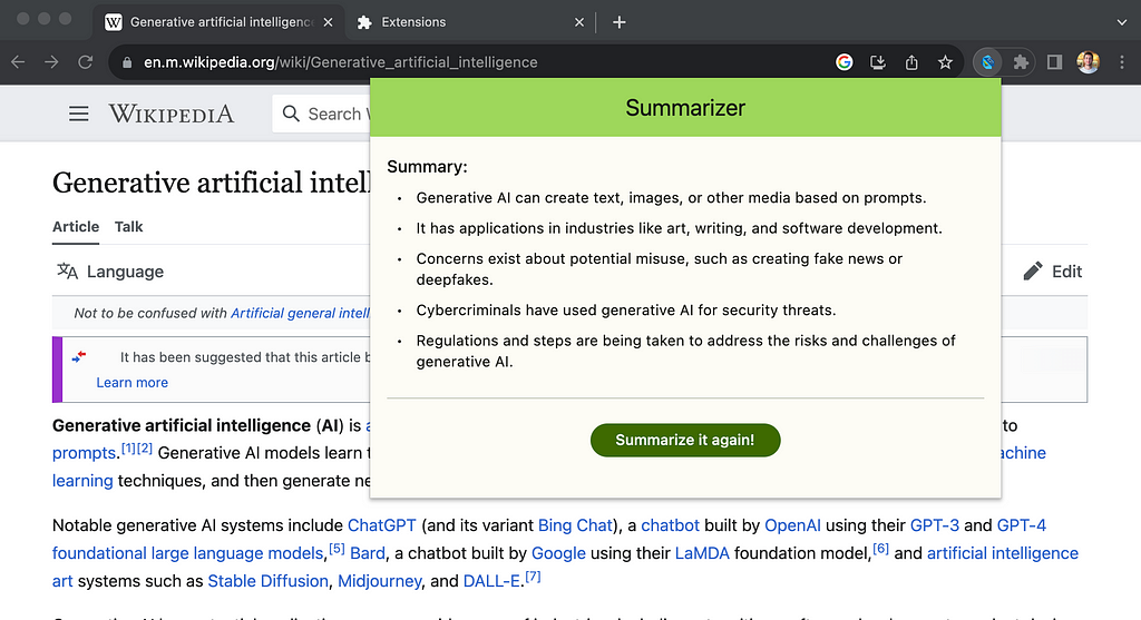 LLM-powered summarizer browser extension
