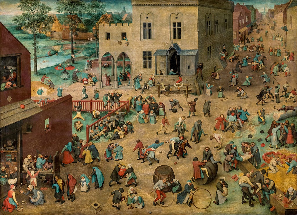 The painting by Pieter Bruegel the Elder (1560), titled Children’s Games exhibited in the Kunsthistorisches Museum in Vienna, showing kids playing 90 games in one picture. Bruegel picture feels so special, because they put the painting in very detail perspective.