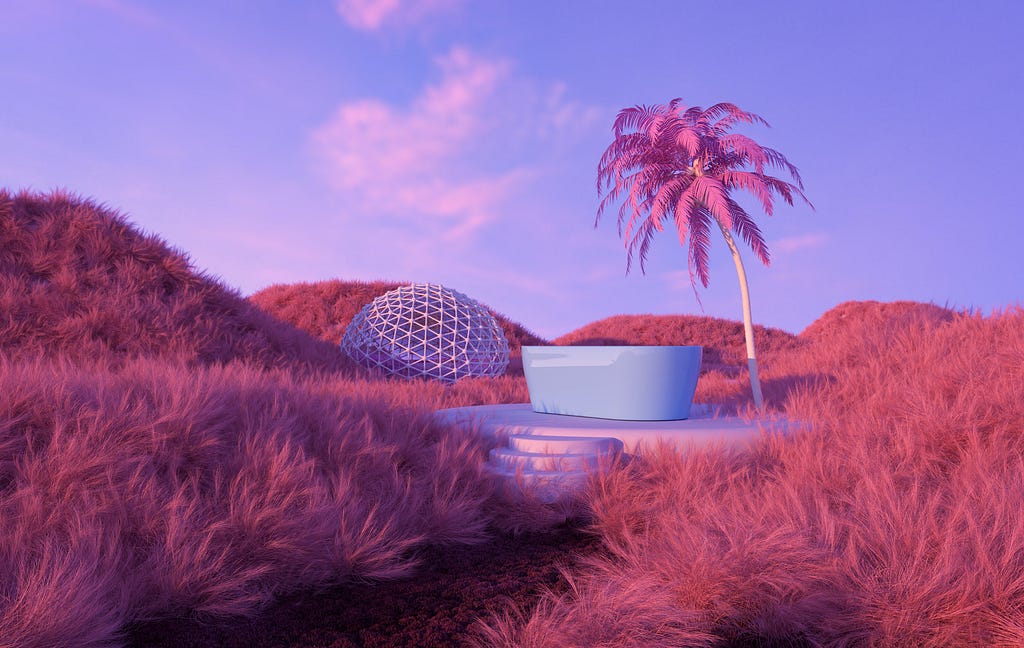 Virtual scene with a geometric dome in the background, a palm tree, and a bathtub in the middle of a hilly field.