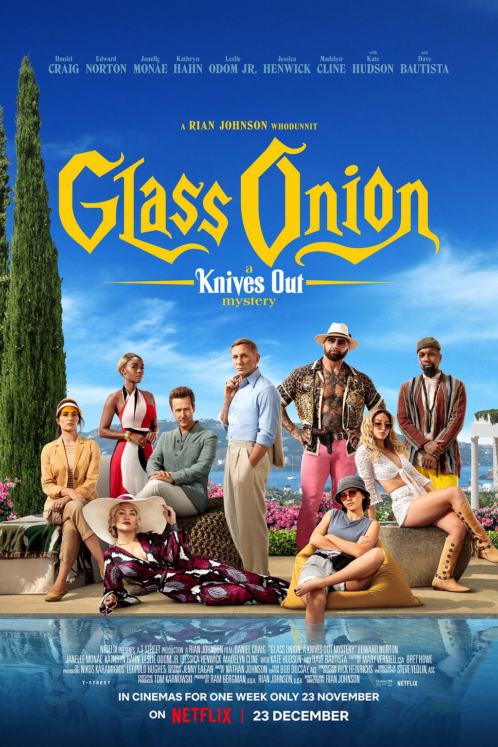 The cast poster for “Glass Onion: A Knives Out Mystery”