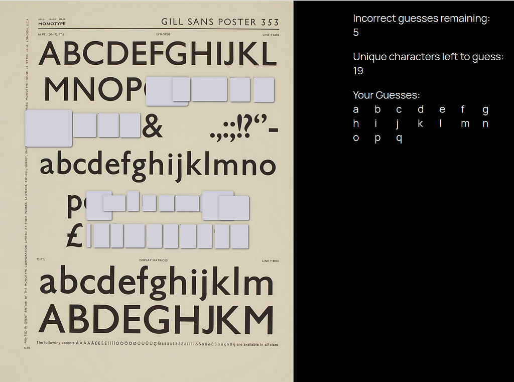 A screenshot of the game showing a specimen sheet for the typeface Gill Sans. Some characters are covered with grey squares.