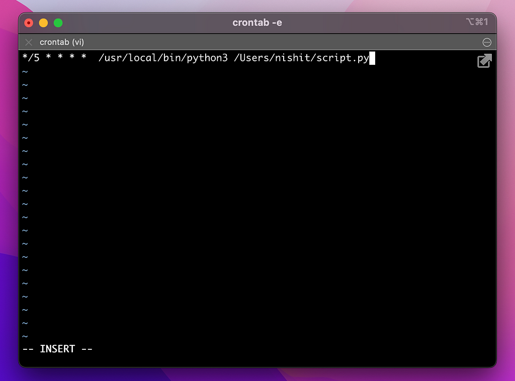 Screenshot of a crontab command screen