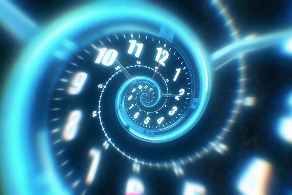Rotating spiral of a luminous clock with numbers vanishing into space.
