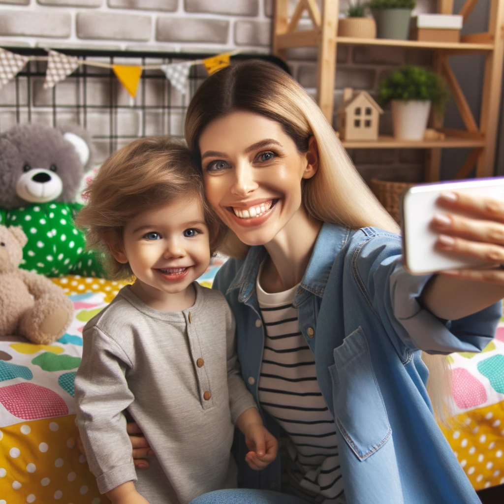 Joyful moment of mother and toddler capturing a selfie with a newly set-up bed, highlighting their shared excitement