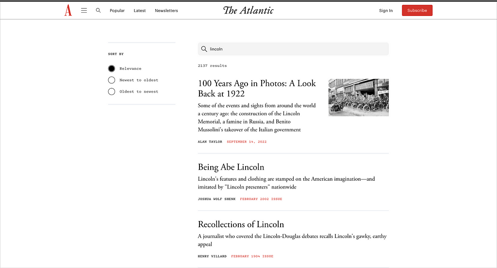 Original search results page: a search bar, a list of articles, and a sort-by menu.