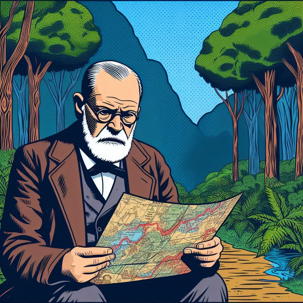 Comic Image of Sigmund Freud reading a map in a generic jungle.