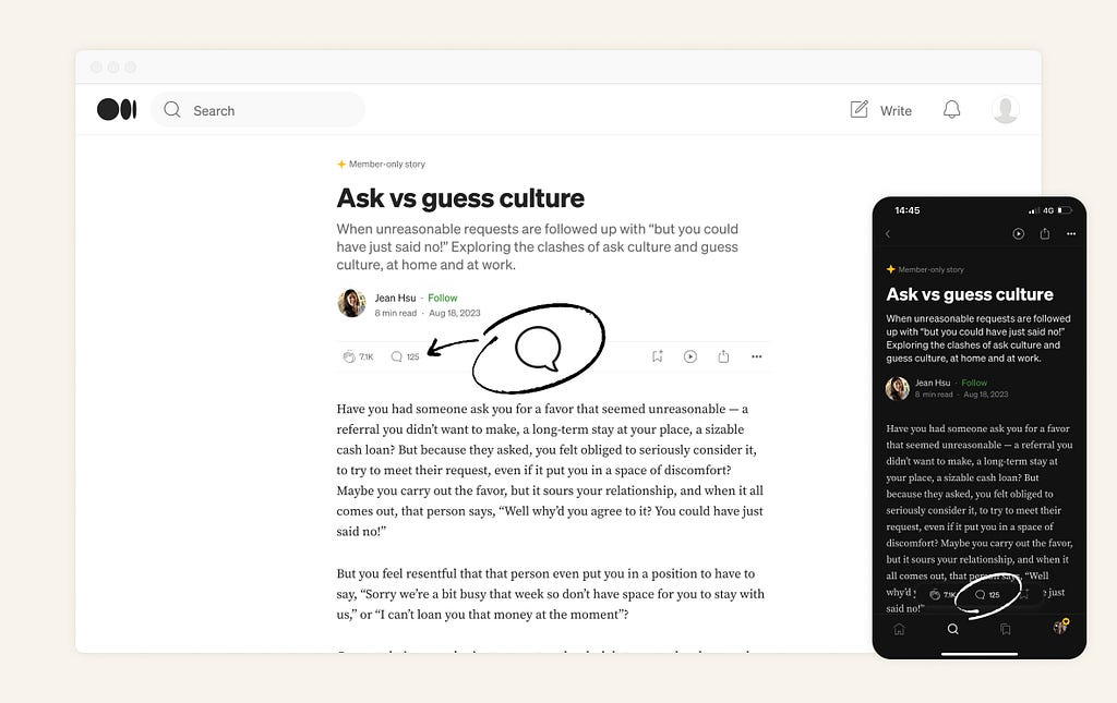 a screenshot of a medium story on the web and on the app, highlighting where the comment button is