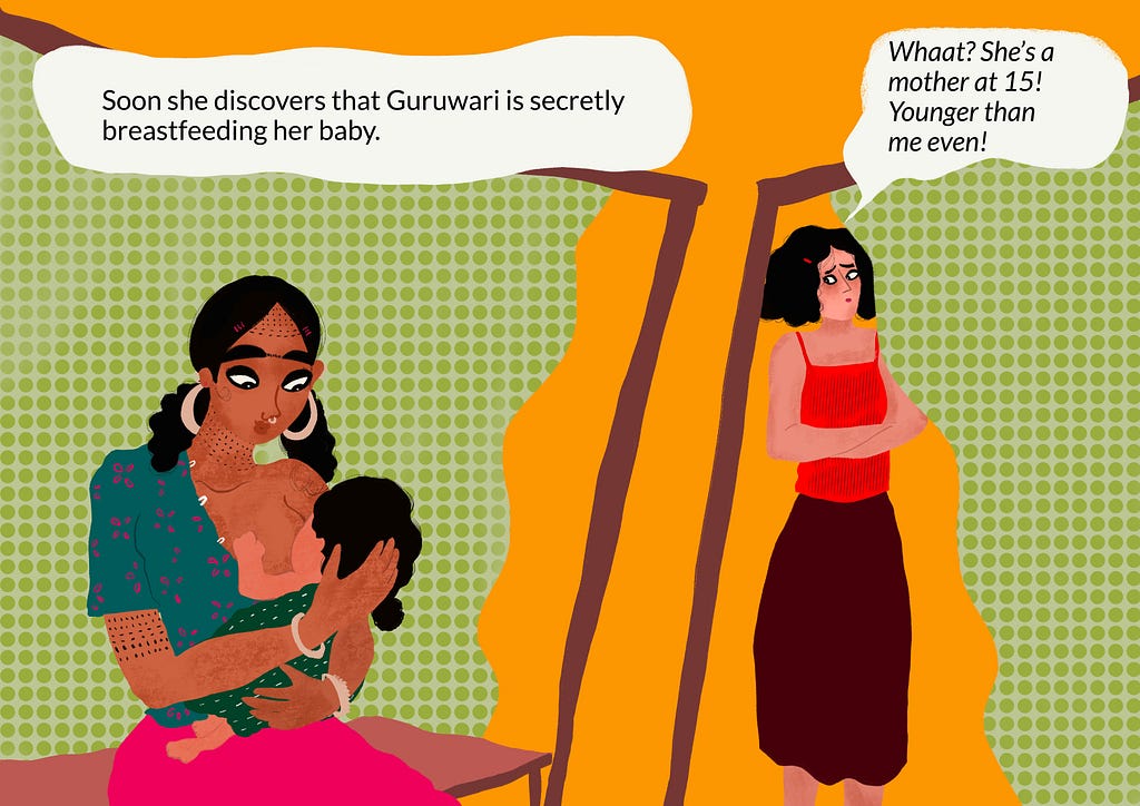 A panel showing Guruwari breastfeeding her baby and Tara being shocked at the sight.