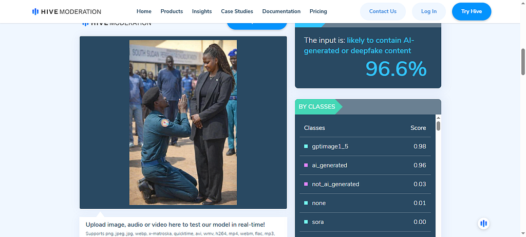 A screen grab of the image analysis results on Hive Moderation