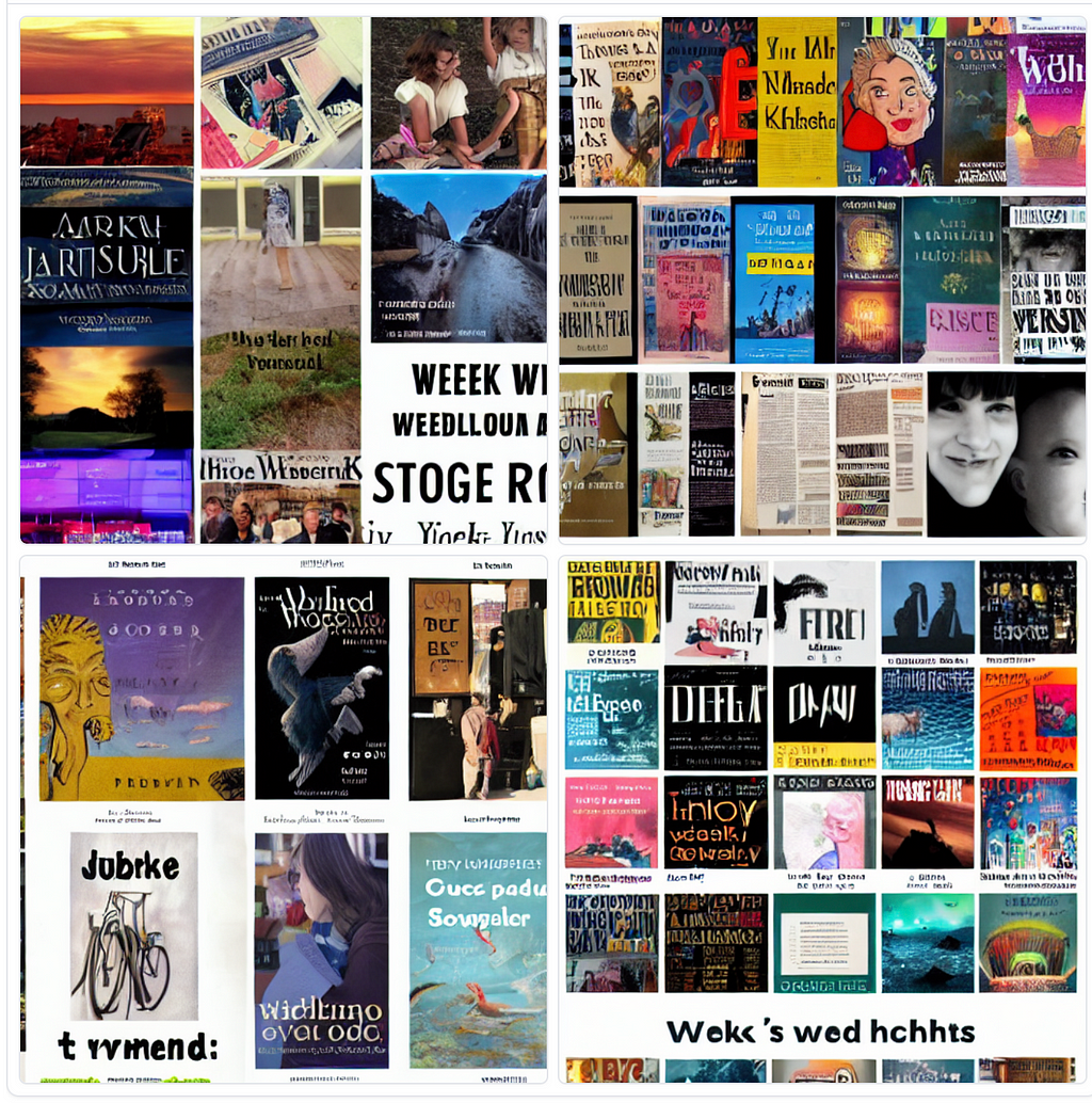 “WEEK FOUR: I Read a Lot This Week: Here Are a Few of the Highlights” image of what looks like book covers and illegible text generated by Stable Diffusion