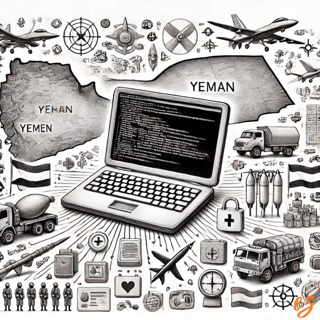 A detailed black and white pencil sketch depicting Houthi cyber warfare with military and humanitarian symbols, and a map of the Middle East.