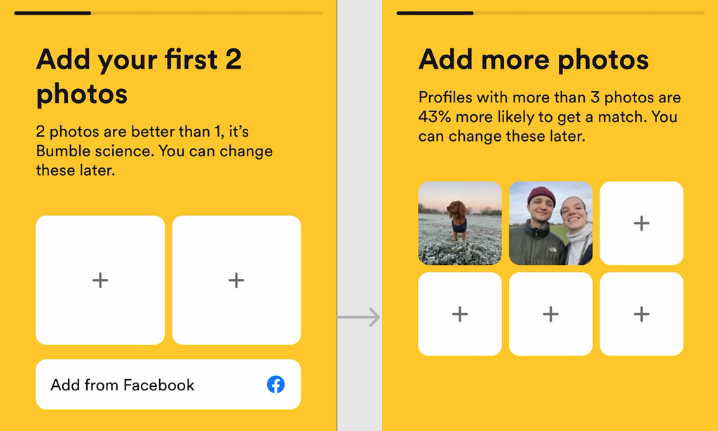 Screenshots of photo selection UI in Bumble’s onboarding