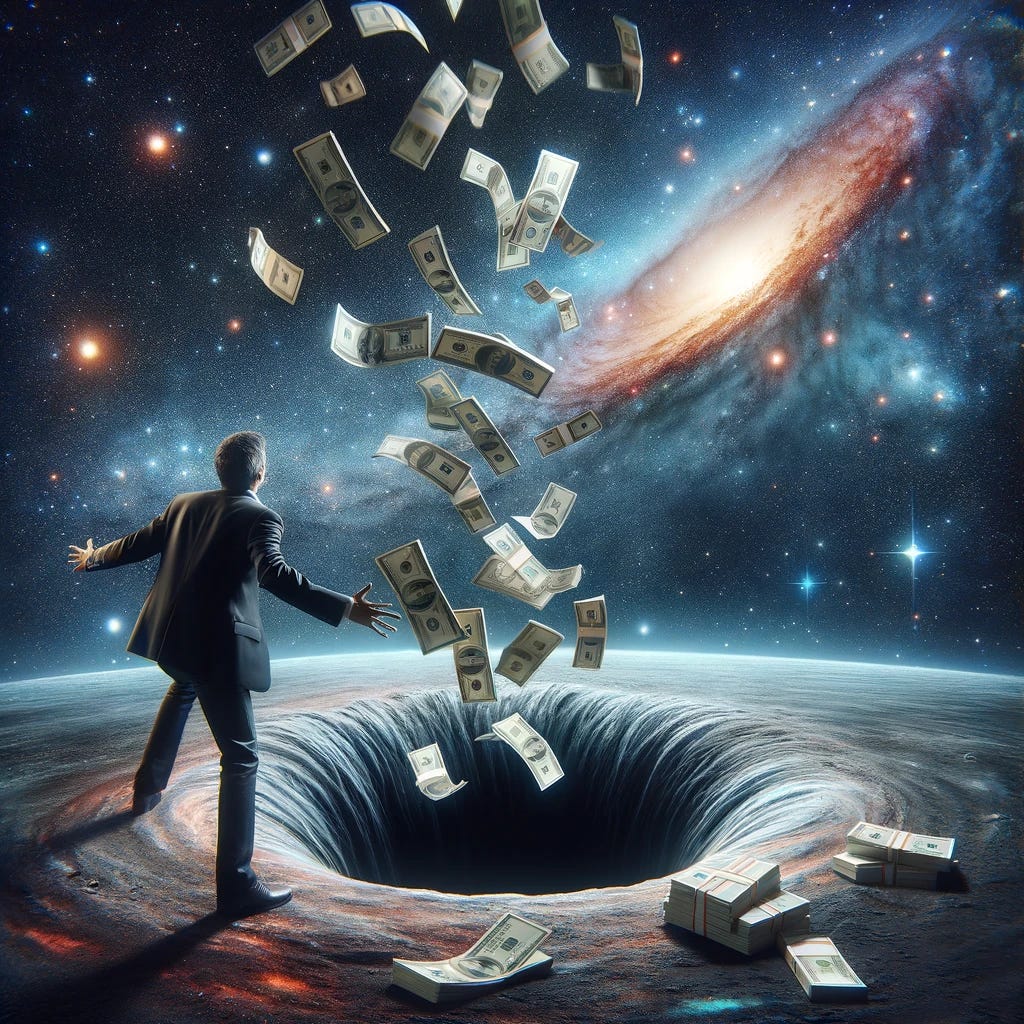 A metaphorical image of throwing money into a black hole to represent financial loss and despair. The scene shows a businessman standing at the edge of the hole