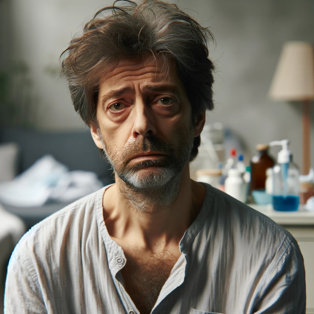 Image of a frazzled 40 year old male worn down from family caregiving