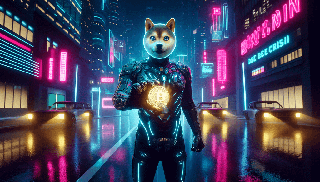 a person with a head of dogecoin dog is standing in the center holding bitcoin coin in hand. City in neon lights in the background