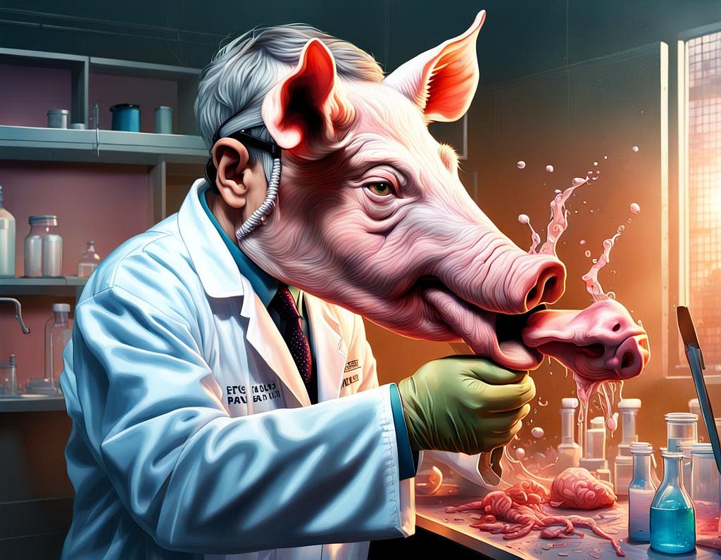 Scientist with pig’s face