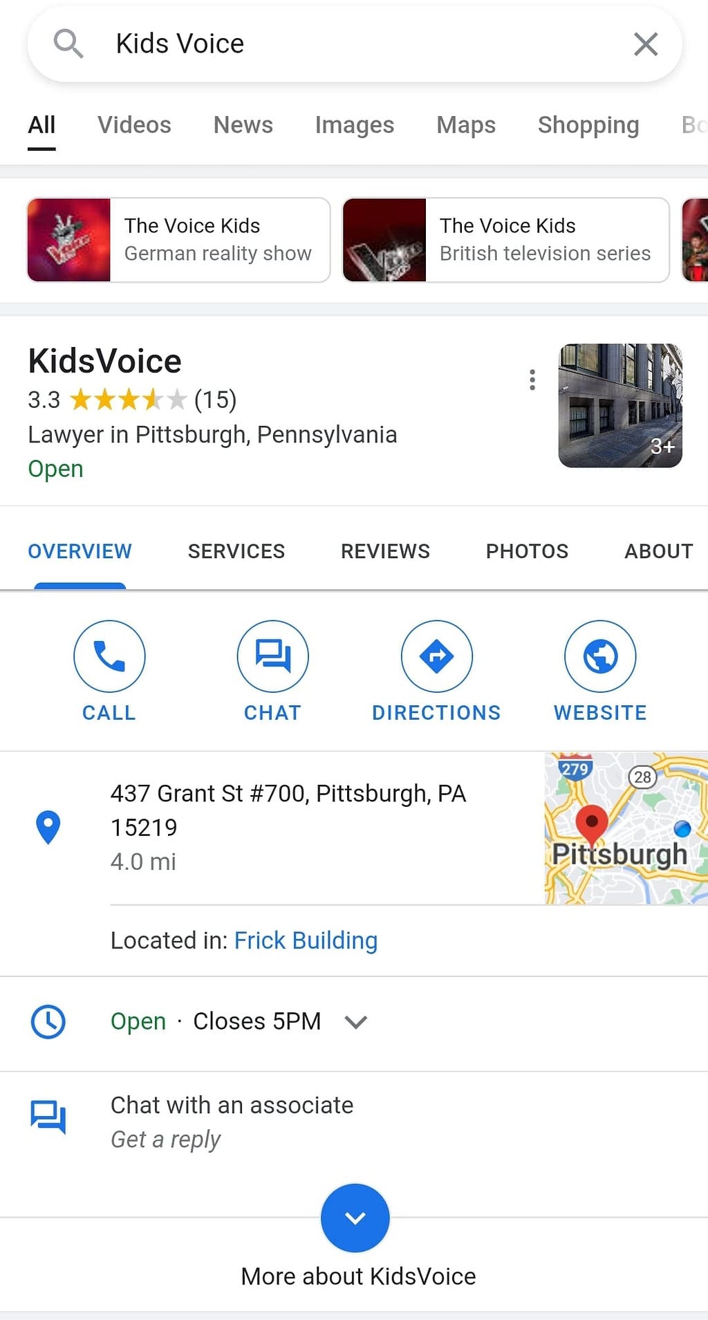 A picture of a Google Search result from searching “Kids Voice” with an overview. There are buttons for “CALL”, “CHAT”, “DIRECTIONS” and “WEBSITE” there is the organization’s address, a brief description of the organization, and hours all visible.