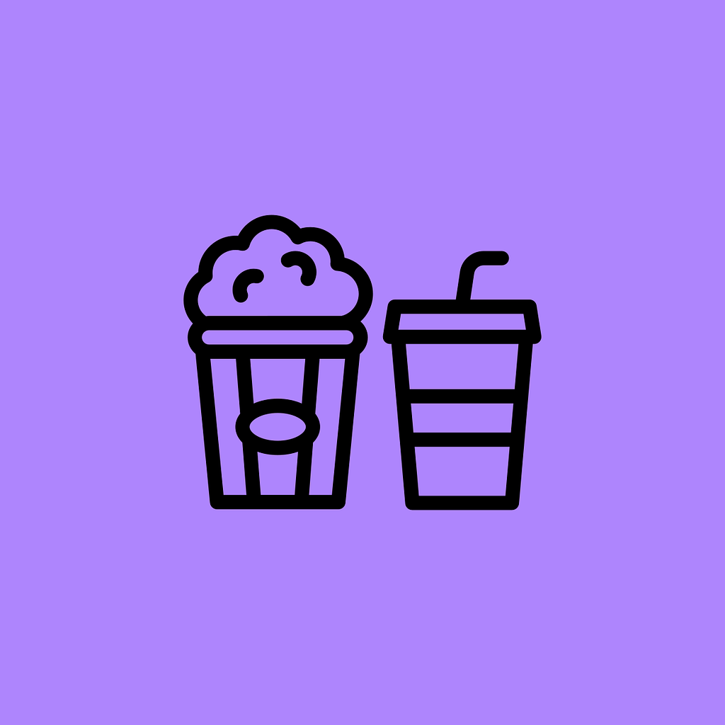Illustration of a carton of popcorn sitting next to a drink cup against a purple background.