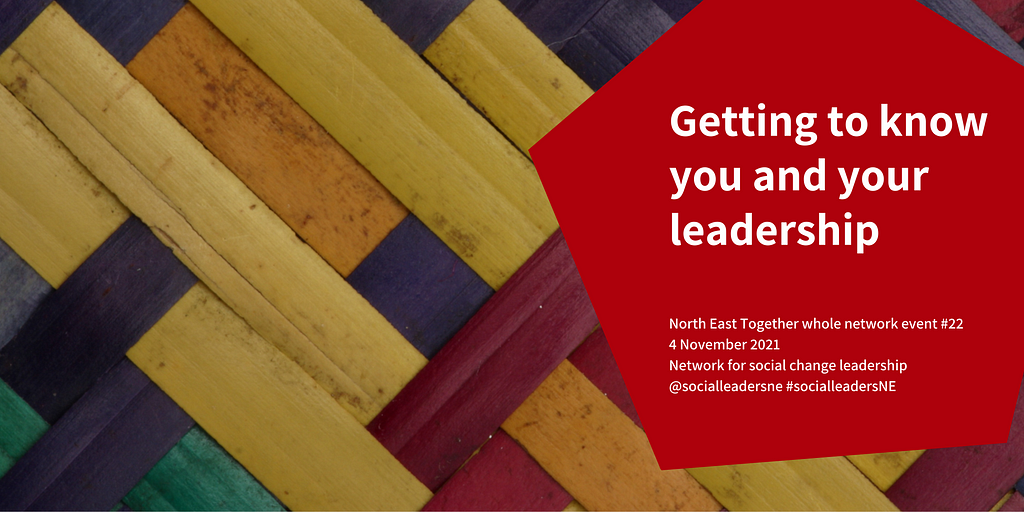 The event title, event date, network hashtag #SocialLeadersNE and Twitter account @socialleadersne in white text inside a red hexagon, with a background image of woven multi-coloured grasses