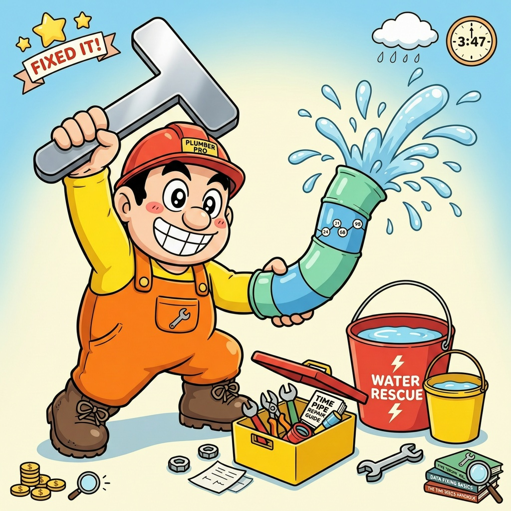 Cartoon plumber with a giant minus sign wrench fixing a wandering time series pipe
