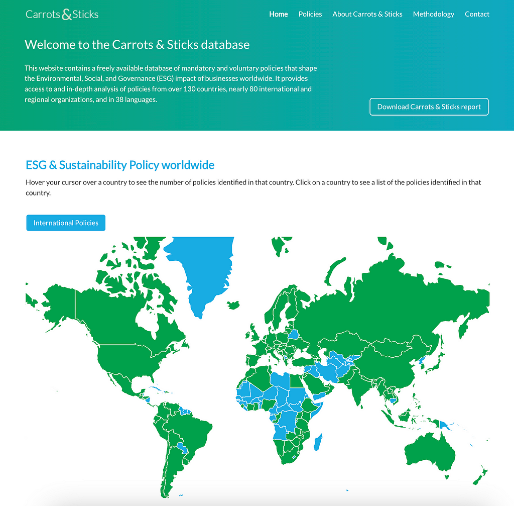 A screenshot of the Carrots & Sticks Website shows the global popularity of ESG disclosure rules.