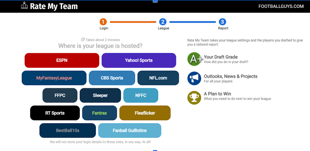 Web page showing choices for where a league is hosted.