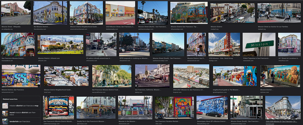 A screenshot of a grid of thumbnail images for Mission District of San Francisco from a Google image search.