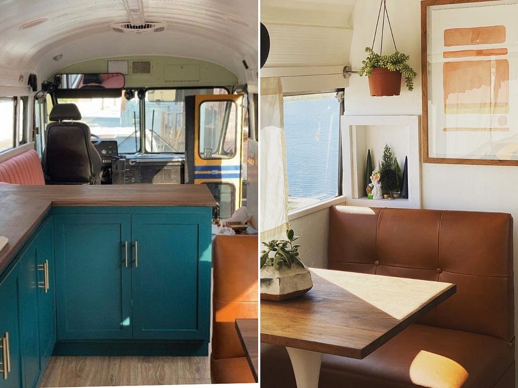 The kitchen area features a teal color and a leather dinette.