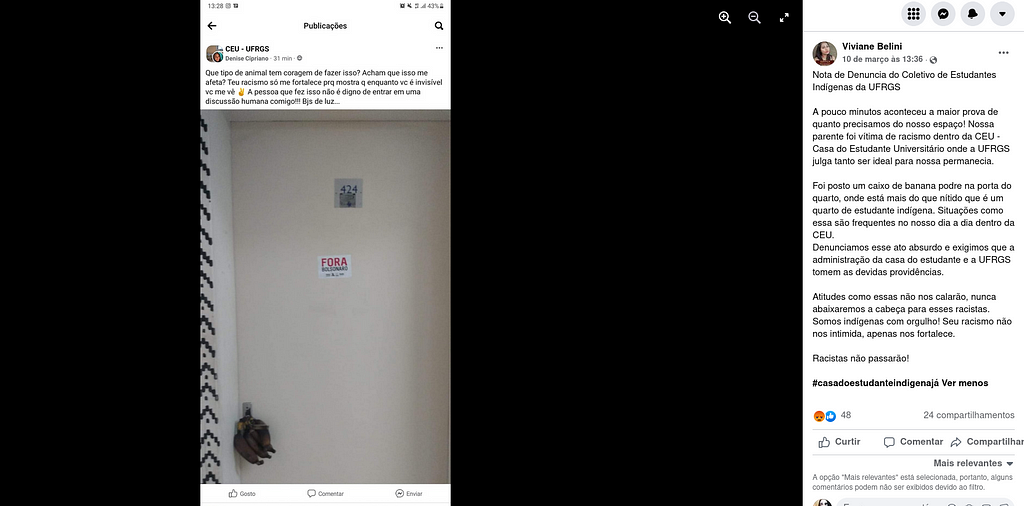 Captura de tela de denúncia no Facebook sobre ato de racismo contra estudante indígena. Foto de cacho de banana escuro pendurado na maçaneta de porta.