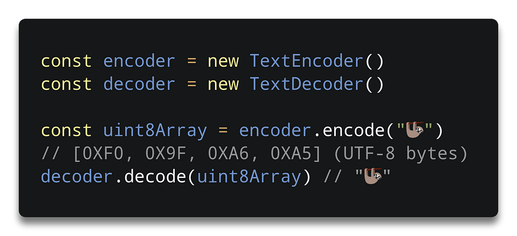 `const encoder = new TextEncoder() \n const decoder = new TextDecoder() \n const string = “🦥” \n const uint8Array = encoder.encode(string) // [0xf0, 0x9f, 0xa6, 0xa5] (UTF-8 bytes) \n decoder.decode(uint8Array) // “🦥”`