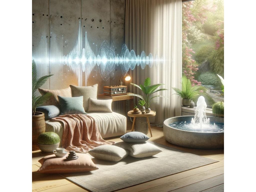 A cozy living space designed for mindfulness, with meditation cushions and a small fountain, all enveloped in the soft sound waves of meditation music, creating a serene and tranquil atmosphere.