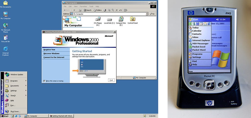 Left, Windows 2000 screenshot. Right, image of a Pocket PC with Windows Mobile 2003