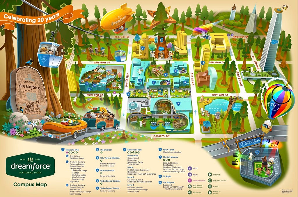 An illustrated map of the Dreamforce campus, which spans several blocks around Moscone.