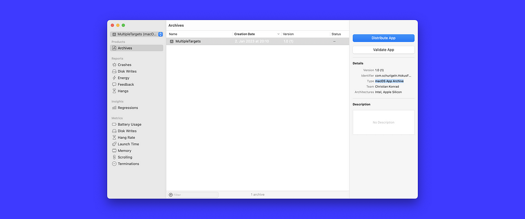 XCode Organizer with macOS App Archive