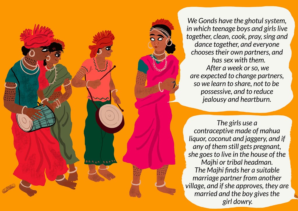 Guruwari explains the Ghotul system. An illustration of her and her friends at the Ghotul.
