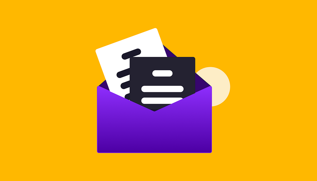 A purple envelope with two papers, one with white background, and the other with a black background representing emails in both light and dark mode