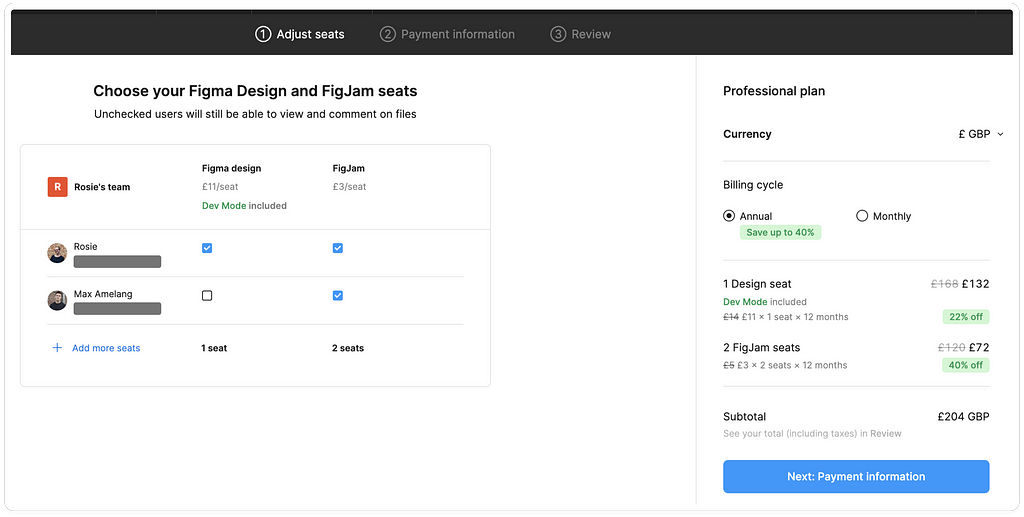 Screenshot of Figma’s adjust seats page before pricing