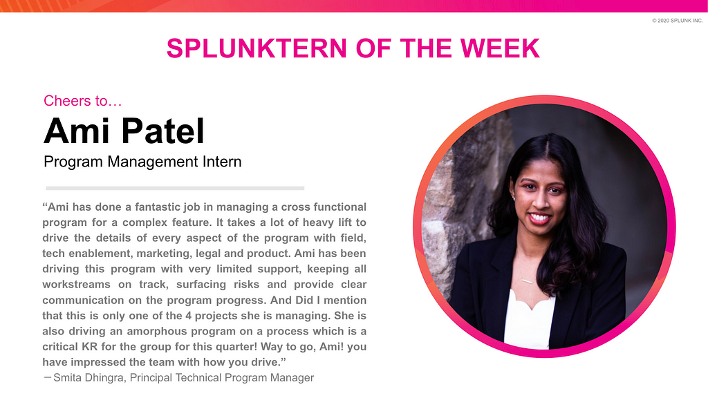 Splunktern of the Week graphic — Ami Patel