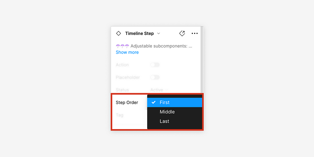 The API for Timeline Step inside of Figma. The Step Order prop is highlighted.