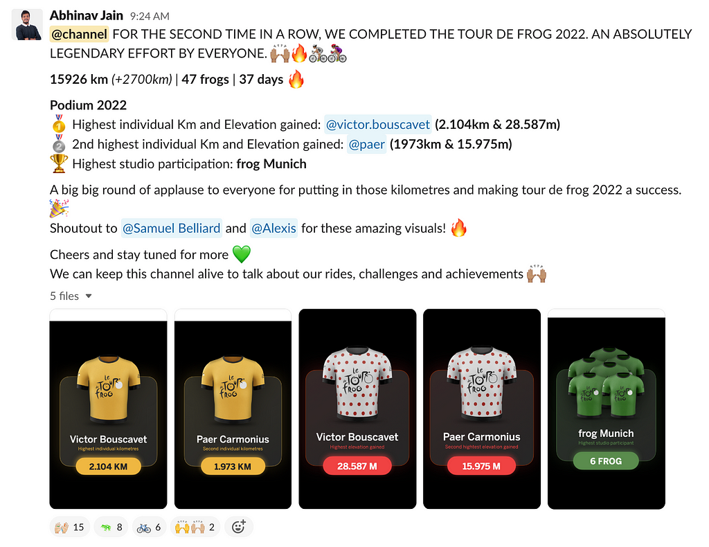 A screengrab of Abhinav announcing the successful completion of Tour de frog 2022 on the Slack channel.