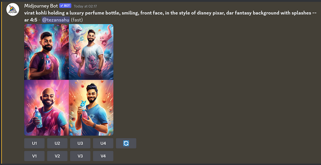 Midjourney’s response to the prompt “virat kohli holding a bottle of luxury perfume, smiling, front face, in the style of disney pixar, k fantasy background with splashes — ar 4:5”
