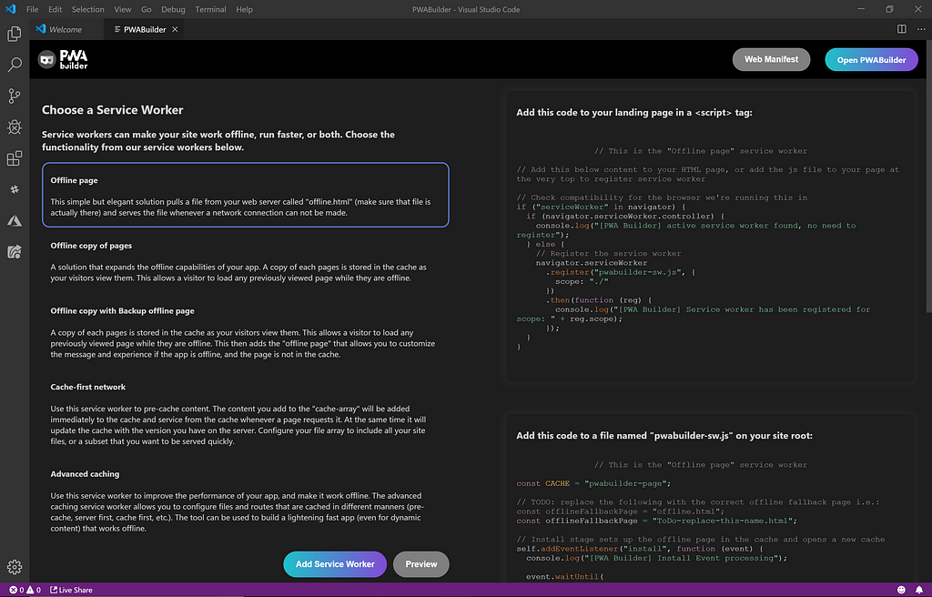 Service Worker Generator in PWABuilder VS Code extension